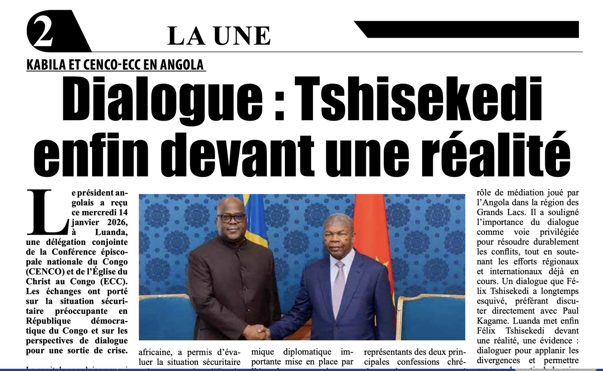 Congo Nouveau : «  Dialogue : Tshisekedi enfin devant une réalité » 